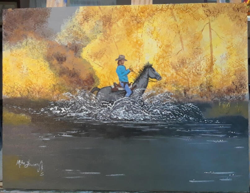 This painting was inspired by the western culture in Colorado "On The Trail". Done on Canvas panel unframed 12"x16" $75.00