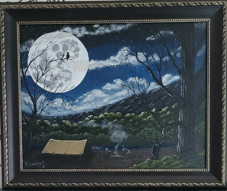 This was a fun painting inspired by countless hours sitting around a campsite in the mountains. I named it Midnight Caller because of the bear snooping around trying to get to the trash. This is an 11"x14" framed on canvas panel $155.00