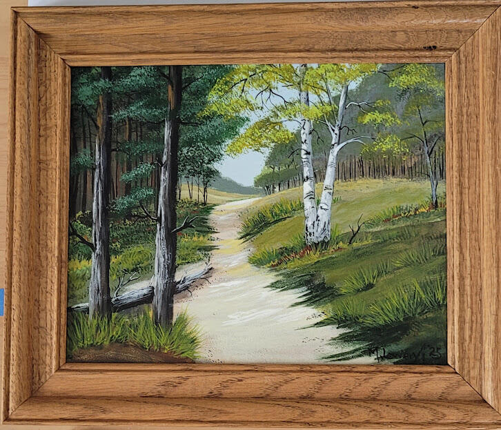 This 8"x10" framed painting is titled "Peaceful Trail" and is done on hardboard. $45.00