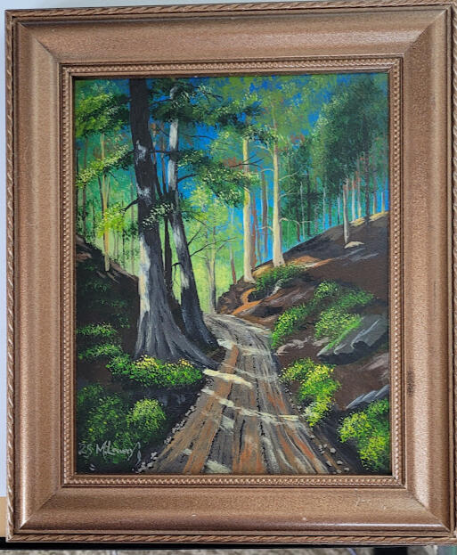 This small painting titled "Bike Trail" was inspired by my childhood of riding dirt bikes on the trails. It's 8"x10" done on smooth hardboard. $45.00