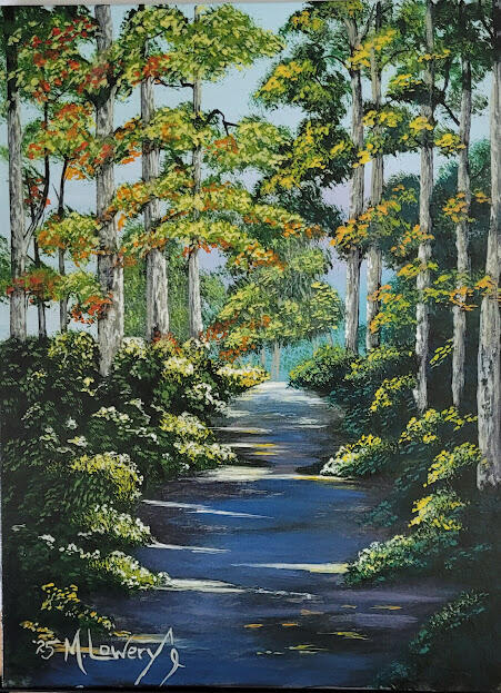 This 9"x12" painting titled "Walking Trail" is on watercolor color canvas and would be a nice addition to any decor'. $55.00