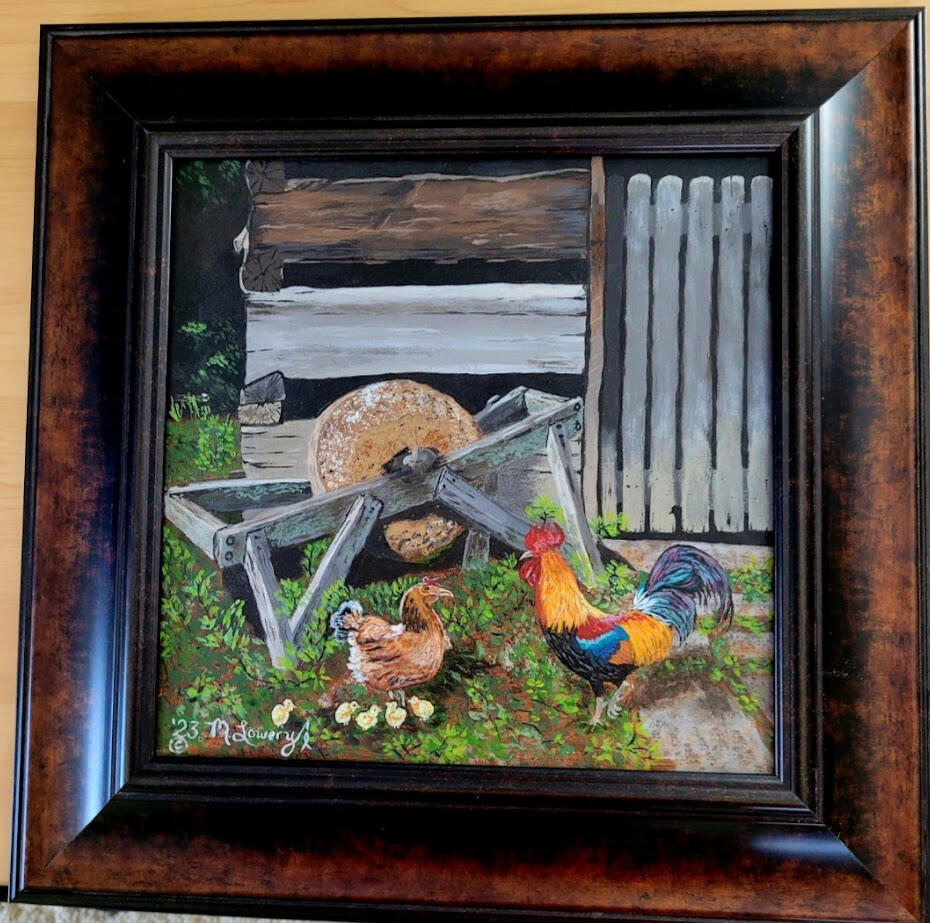 This richly framed 12"x12" Chicken and Rooster farm scene is done on watercolor canvas panel. The overall measurements are 17 1/4"x17 1/4" $195.00