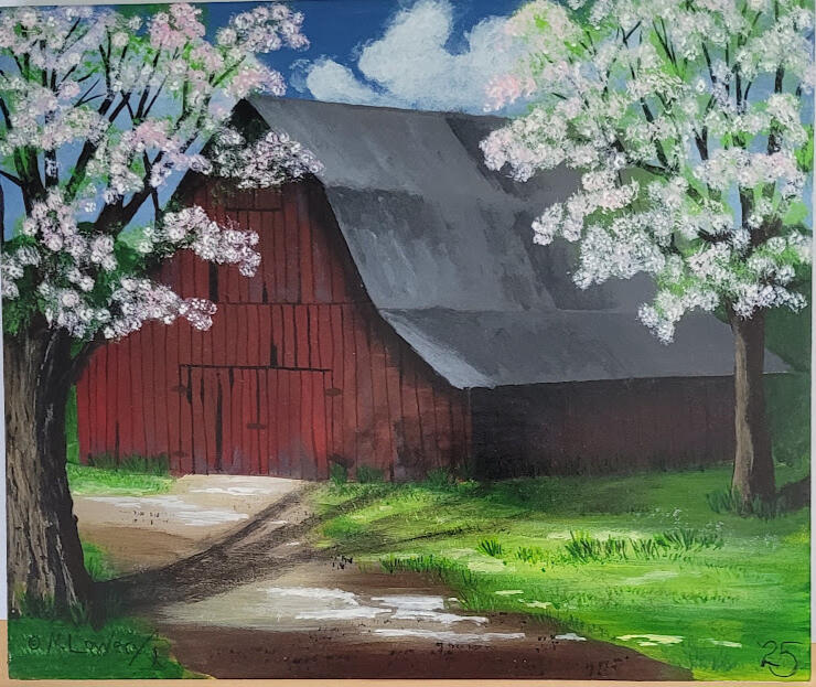 This smaller 10"x12" barn painting is titled "Spring on the Farm" its done on smooth hardboard. $75.00