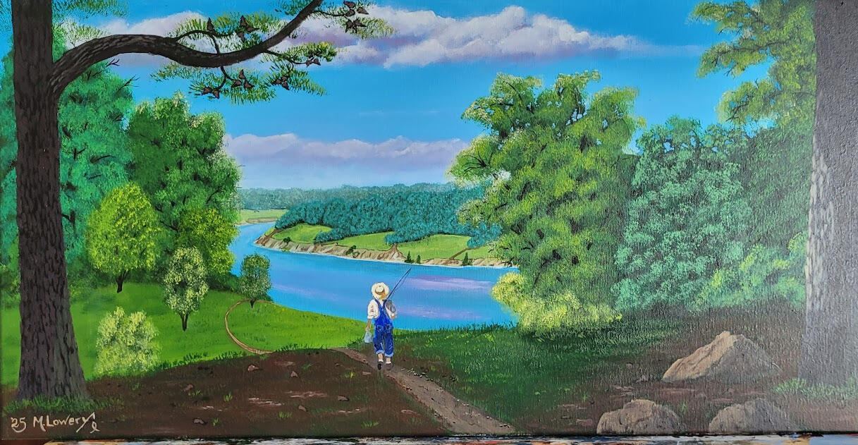 This was a familiar pastime growing up in rural Georgia, taking country paths with fishing pole in hand carrying bait and a peanut butter sandwich. Painting this one I call Going Fishing was a fun take me back to simpler times. 15" x 30" unframed $345.0