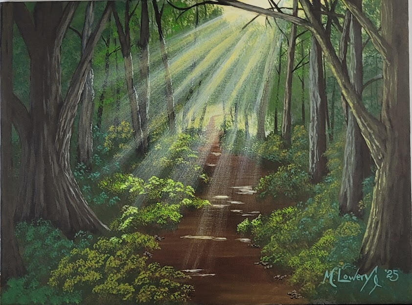 This 12"x16" painting was inspired by our many hikes in the woods. It's on watercolor canvas board and titled "Deep Forest Trail" $95.00