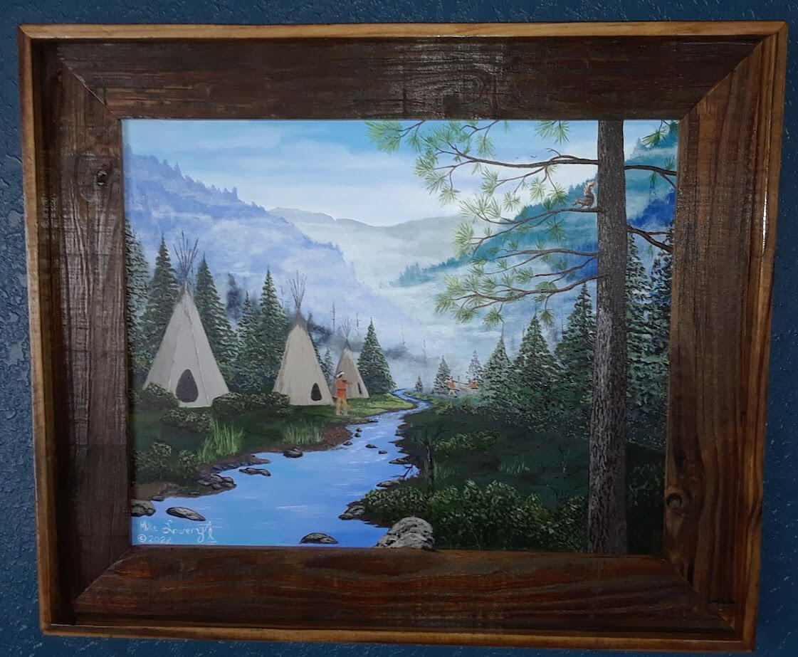 "Hunting Party" was inspired by the tales of the great hunters of the Native American. Done on stretched canvas 16" x 20" Framed in barnwood $225