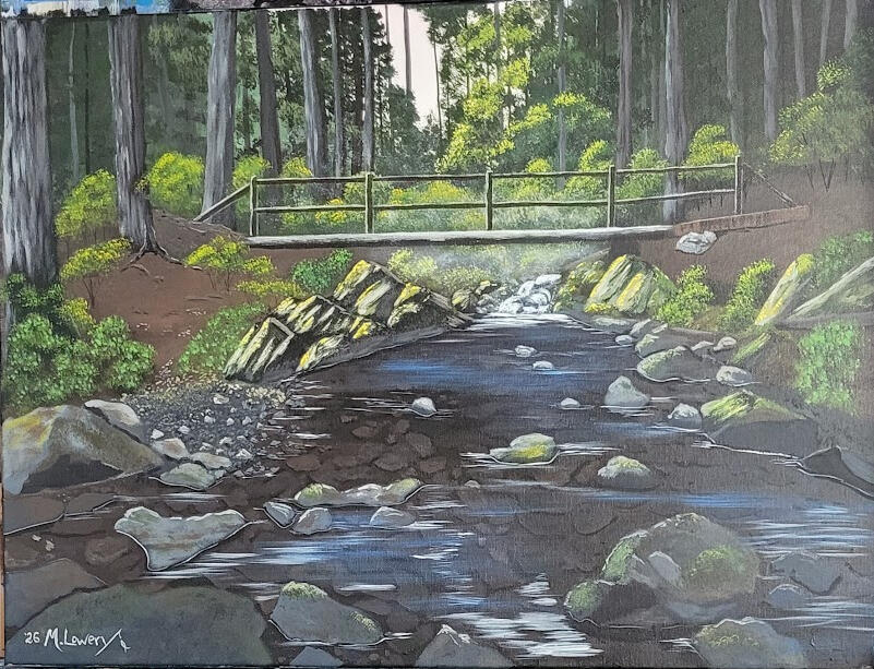 This painting is a place in Washington State, the photo was supplied by a friend who knows I'm always looking for reference material. It is currently on display and can be purchased at the Brickyard Cafe' in Franklin KY.