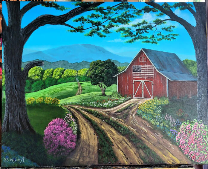 "Flag on the Barn" is a 36"x36" Fine Art Piece and is currently displayed and can be purchased at the Brickyard Cafe' in Franklin KY. $500.00
