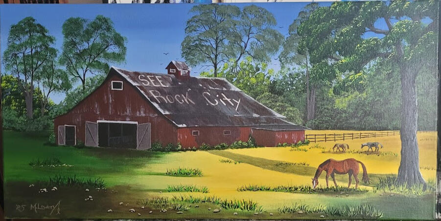 This "See Rock City" barn painting was inspired by the many barns peppered across the southeast to lure people to Rock City, TN. It is currently on display and can be purchased at the Brickyard Cafe' in Franklin KY.