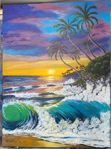 This Beautiful Painting titled "Rolling Waves" gives you a feeling of being on the beach. Measuring 12"x 16" on watercolor board unframed. $145.00