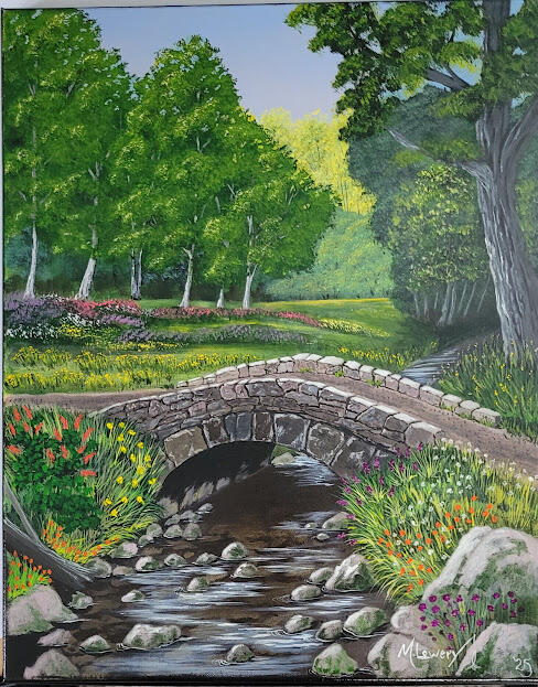 This nostalgic scene is titled "Park Bridge" and is unframed, painted on 16"x10" stretched canvas. $240.00