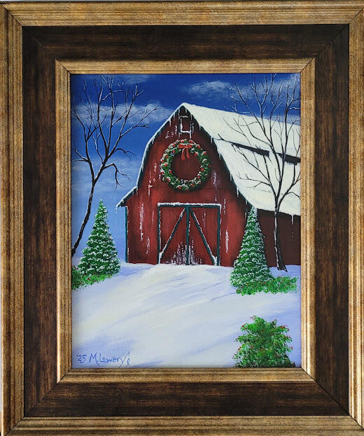 This beautifully framed 11"x14" Christmas themed barn painting is titled "Christmas Barn #3" its done on watercolor canvas panel and measures 17"x20" overall. $150.00
