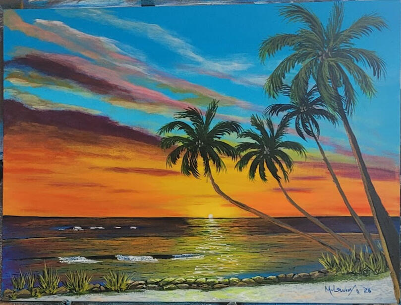 This colorful 12"x16" Beach Painting titled "Bright Sunset" is done on watercolor board. $145.00