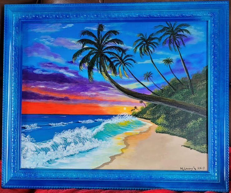 This brightly colored 16"x20" Painting done on canvas panel has a repainted frame to give it a unique look. Overall measurements 20"x24" would look great in your beach house. $275.00