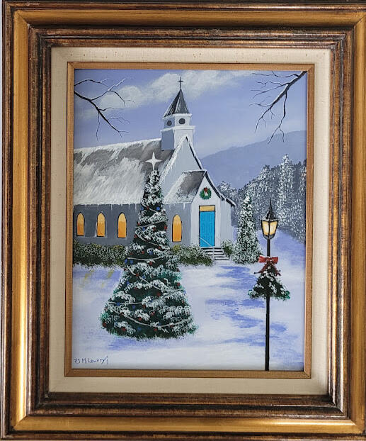 This Christmas Church scene is beautifully done on 11"x14" watercolor canvas panel and measurers 16 3/4"x19 3/4" and framed with a vintage frame. $125.00