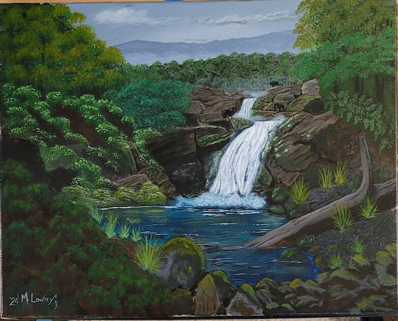 This painting captures bears fishing at the waterfalls deep in the mountains. Titled "The Fishers" is a playful wordplay. $175.00