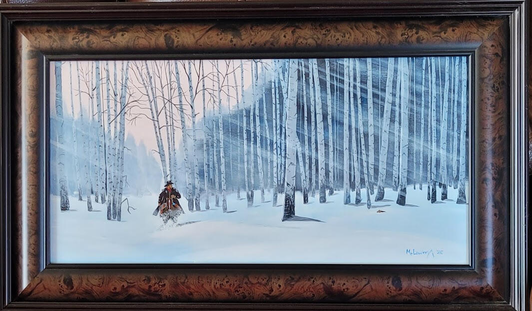 This Handsome Frame gives this Painting a High Quality Look. Titled "Winter Hunt" on 12"x24" Panel. Overall measurements 17 3/4"x29 3/4". $290.00